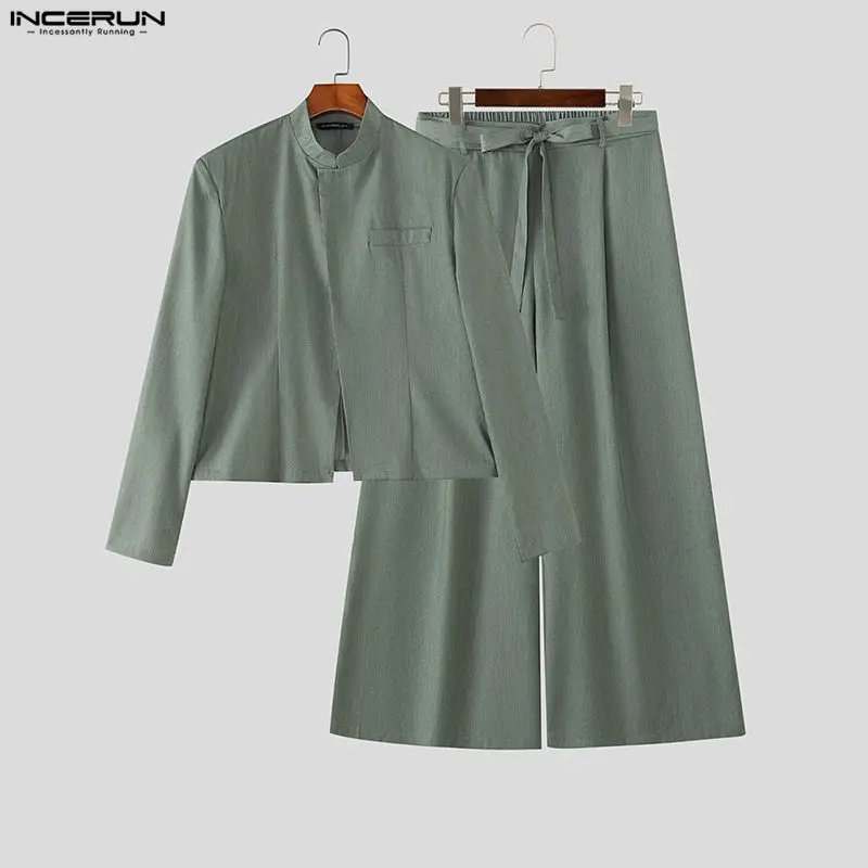 INCERUN Men Sets Solid Color Long Sleeve Blazer Wide Leg Pants Two Piece Sets Streetwear Elegant Fashion Men Matching Sets 2026