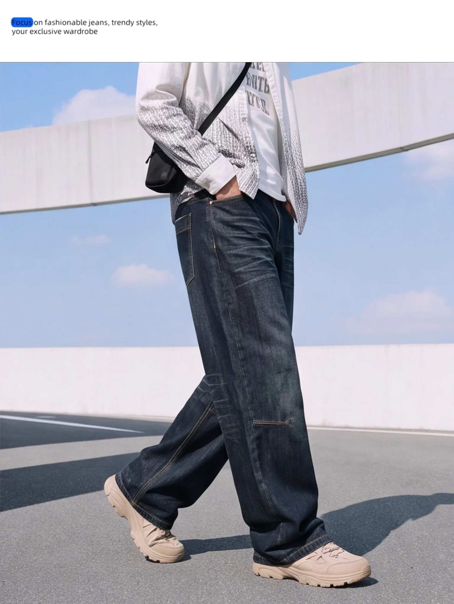 British Style Heavy Washed Baggy Men's Jeans Autumn Winter Denim Pants Man Rice Shaped Flag Wide Leg Straight Woman Trouser Male