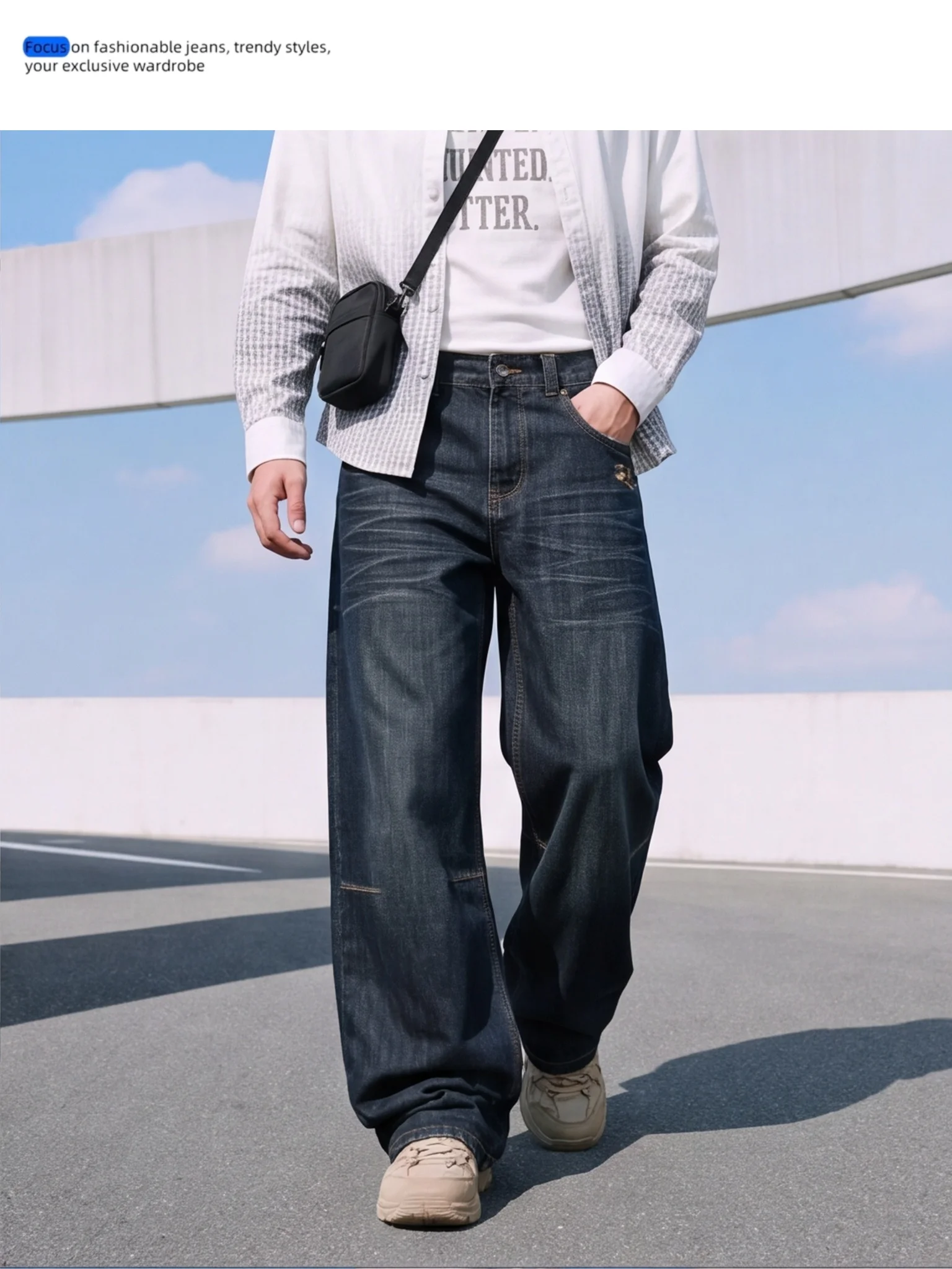 British Style Heavy Washed Baggy Men's Jeans Autumn Winter Denim Pants Man Rice Shaped Flag Wide Leg Straight Woman Trouser Male