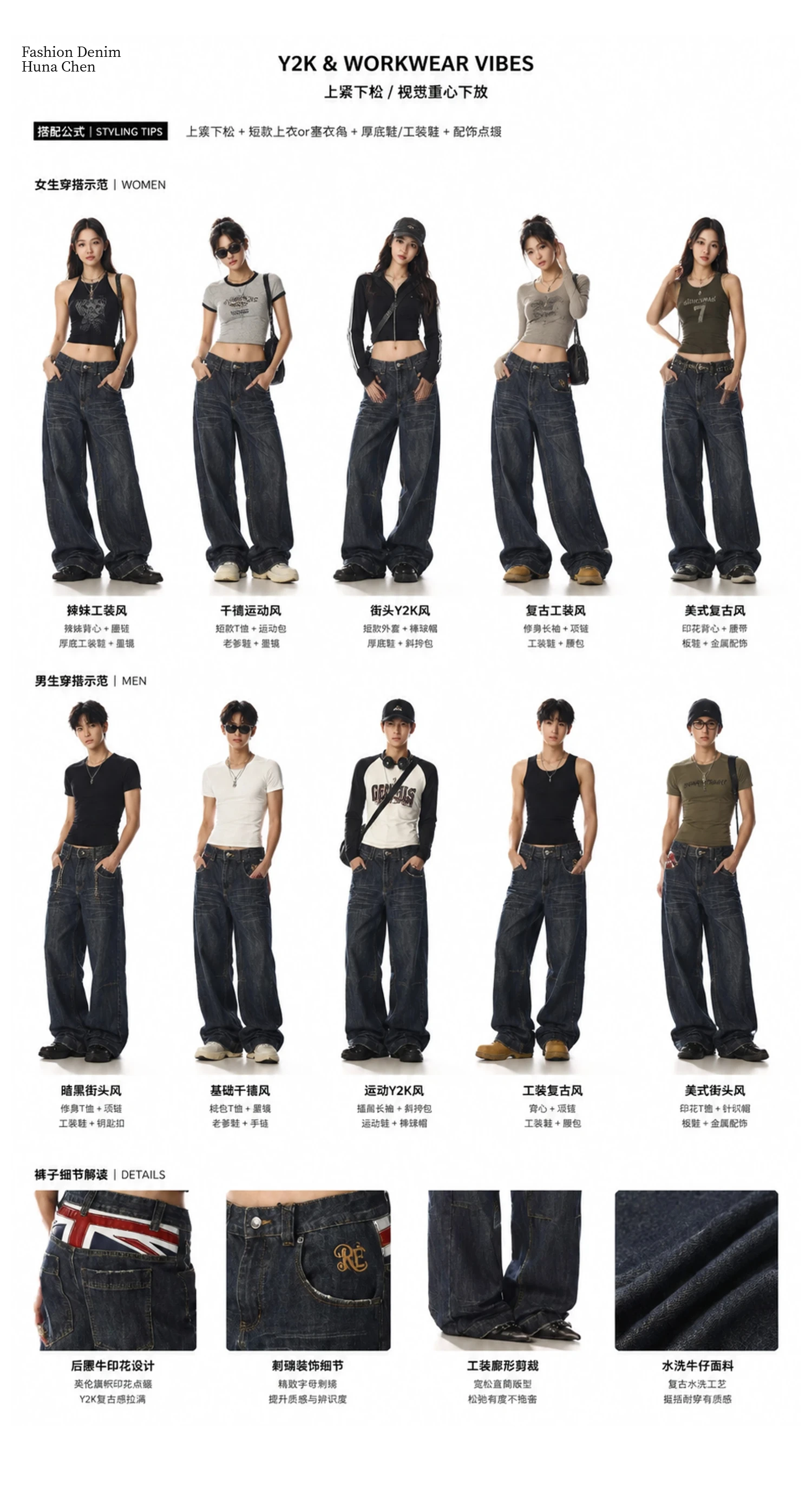 British Style Heavy Washed Baggy Men's Jeans Autumn Winter Denim Pants Man Rice Shaped Flag Wide Leg Straight Woman Trouser Male