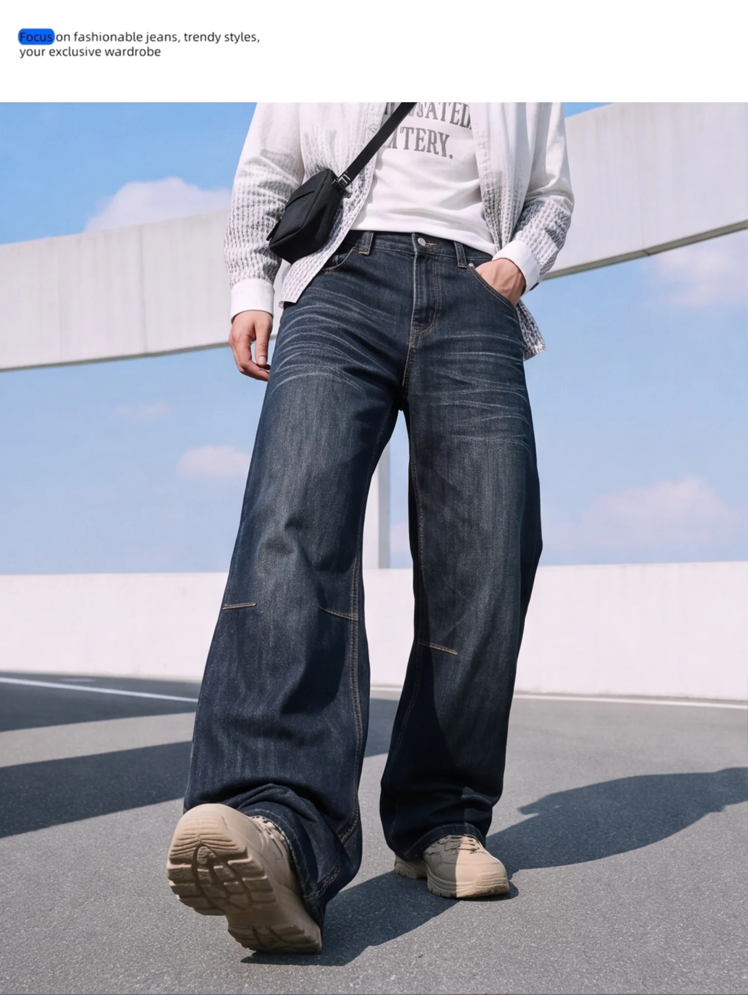 British Style Heavy Washed Baggy Men's Jeans Autumn Winter Denim Pants Man Rice Shaped Flag Wide Leg Straight Woman Trouser Male