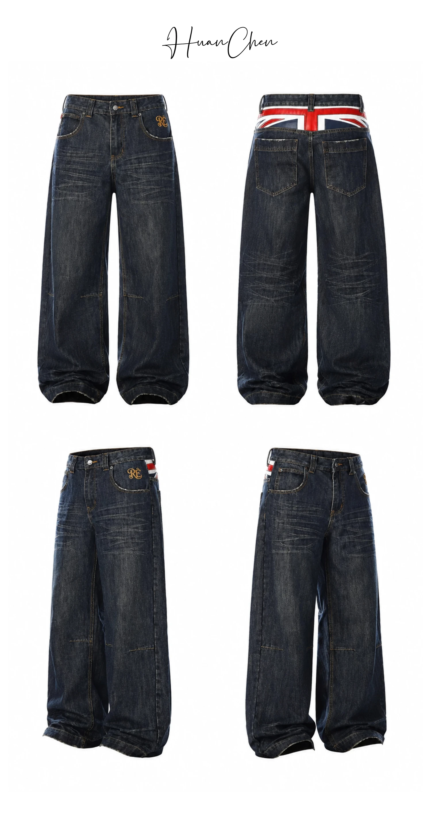 British Style Heavy Washed Baggy Men's Jeans Autumn Winter Denim Pants Man Rice Shaped Flag Wide Leg Straight Woman Trouser Male