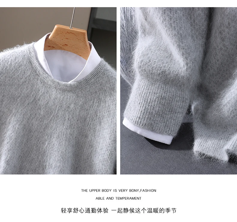 Luxury Men's 100% Mink Cashmere Thickening Sweater O-neck Grid Pullover Thick Knitwear Top Autumn Winter Anti-pilling Clothing