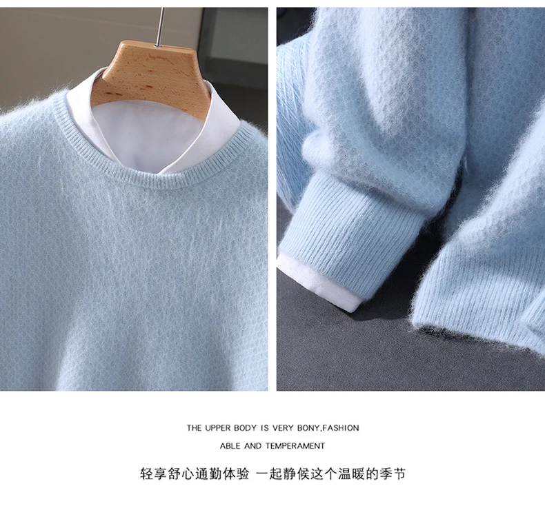 Luxury Men's 100% Mink Cashmere Thickening Sweater O-neck Grid Pullover Thick Knitwear Top Autumn Winter Anti-pilling Clothing