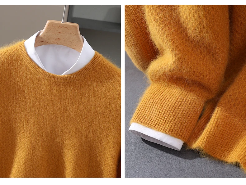 Luxury Men's 100% Mink Cashmere Thickening Sweater O-neck Grid Pullover Thick Knitwear Top Autumn Winter Anti-pilling Clothing