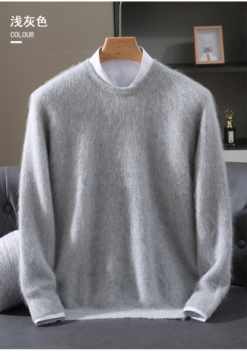 Luxury Men's 100% Mink Cashmere Thickening Sweater O-neck Grid Pullover Thick Knitwear Top Autumn Winter Anti-pilling Clothing