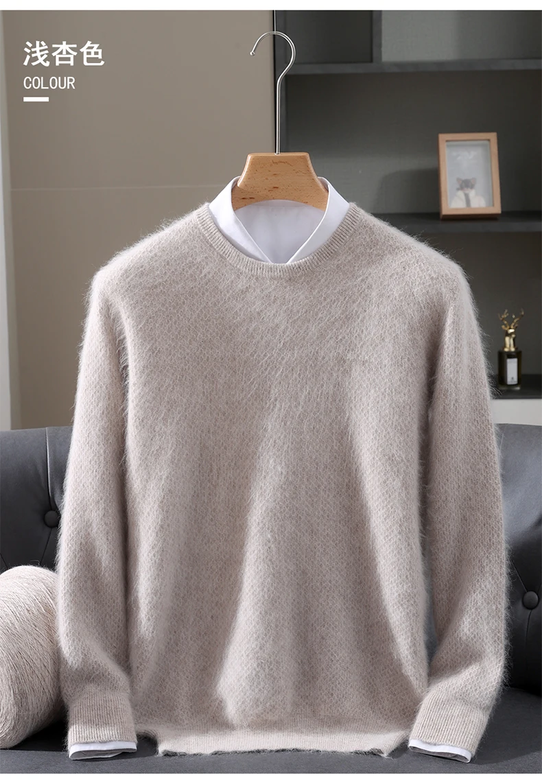Luxury Men's 100% Mink Cashmere Thickening Sweater O-neck Grid Pullover Thick Knitwear Top Autumn Winter Anti-pilling Clothing