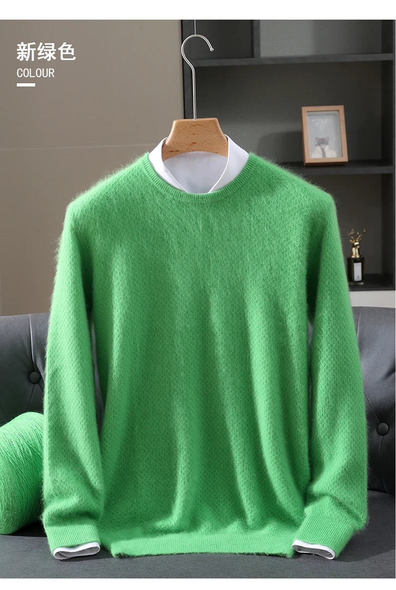 Luxury Men's 100% Mink Cashmere Thickening Sweater O-neck Grid Pullover Thick Knitwear Top Autumn Winter Anti-pilling Clothing