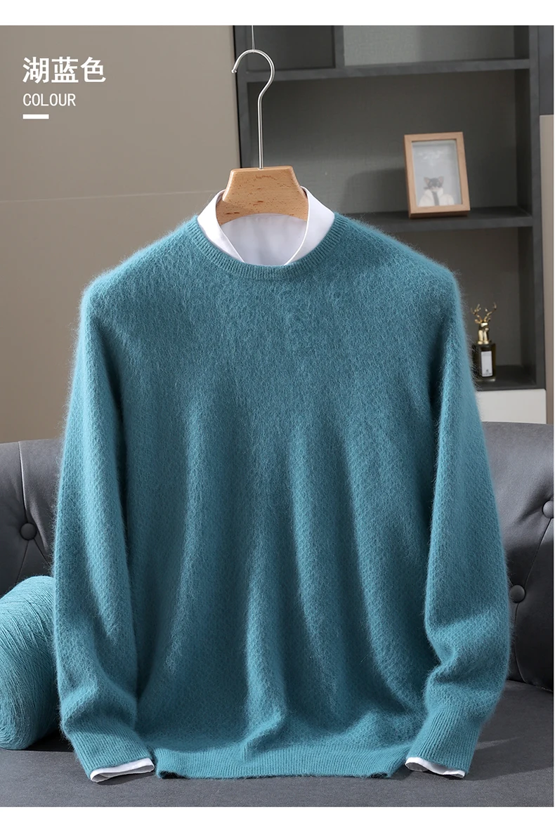 Luxury Men's 100% Mink Cashmere Thickening Sweater O-neck Grid Pullover Thick Knitwear Top Autumn Winter Anti-pilling Clothing