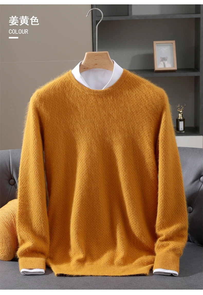 Luxury Men's 100% Mink Cashmere Thickening Sweater O-neck Grid Pullover Thick Knitwear Top Autumn Winter Anti-pilling Clothing