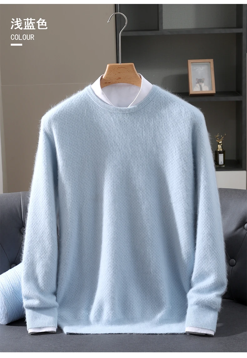 Luxury Men's 100% Mink Cashmere Thickening Sweater O-neck Grid Pullover Thick Knitwear Top Autumn Winter Anti-pilling Clothing