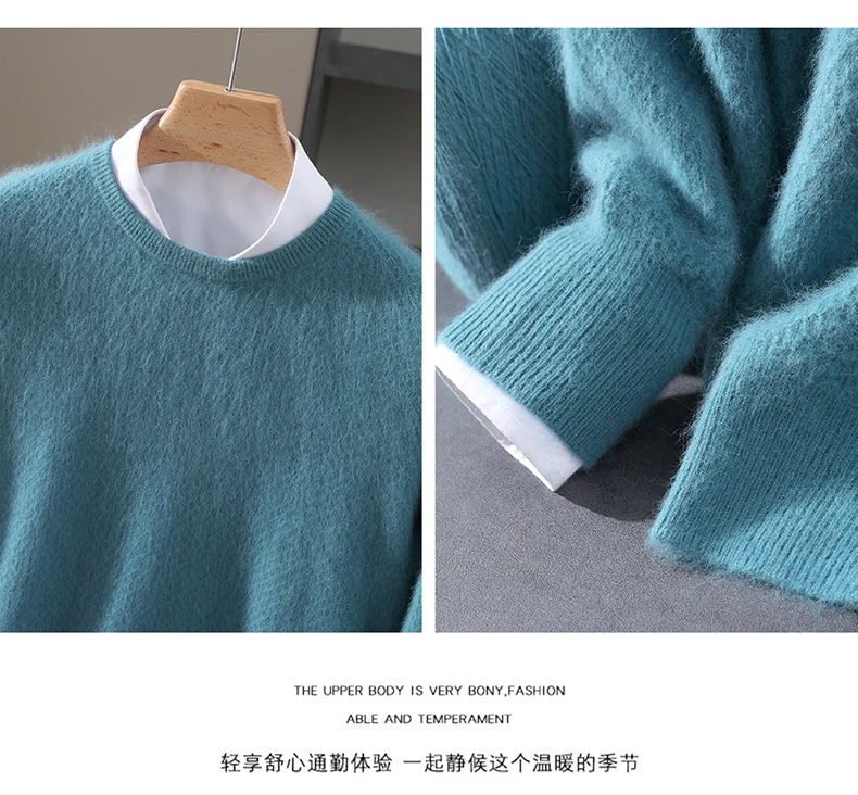 Luxury Men's 100% Mink Cashmere Thickening Sweater O-neck Grid Pullover Thick Knitwear Top Autumn Winter Anti-pilling Clothing