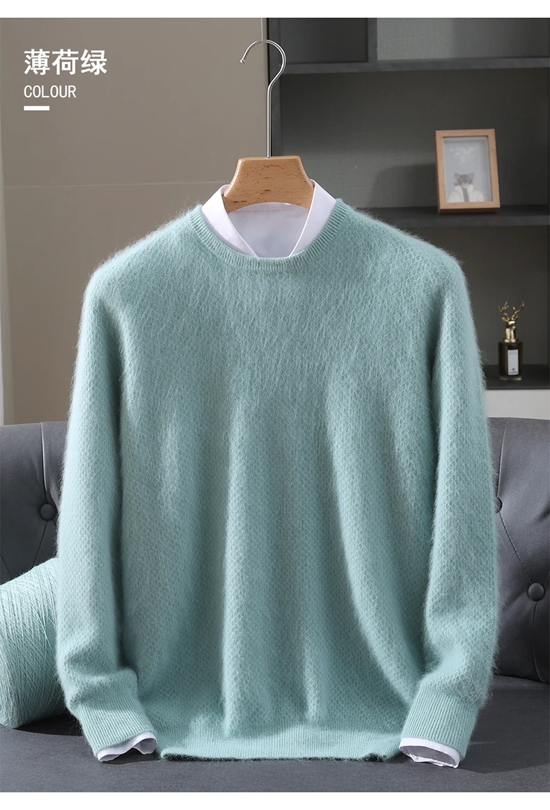 Luxury Men's 100% Mink Cashmere Thickening Sweater O-neck Grid Pullover Thick Knitwear Top Autumn Winter Anti-pilling Clothing
