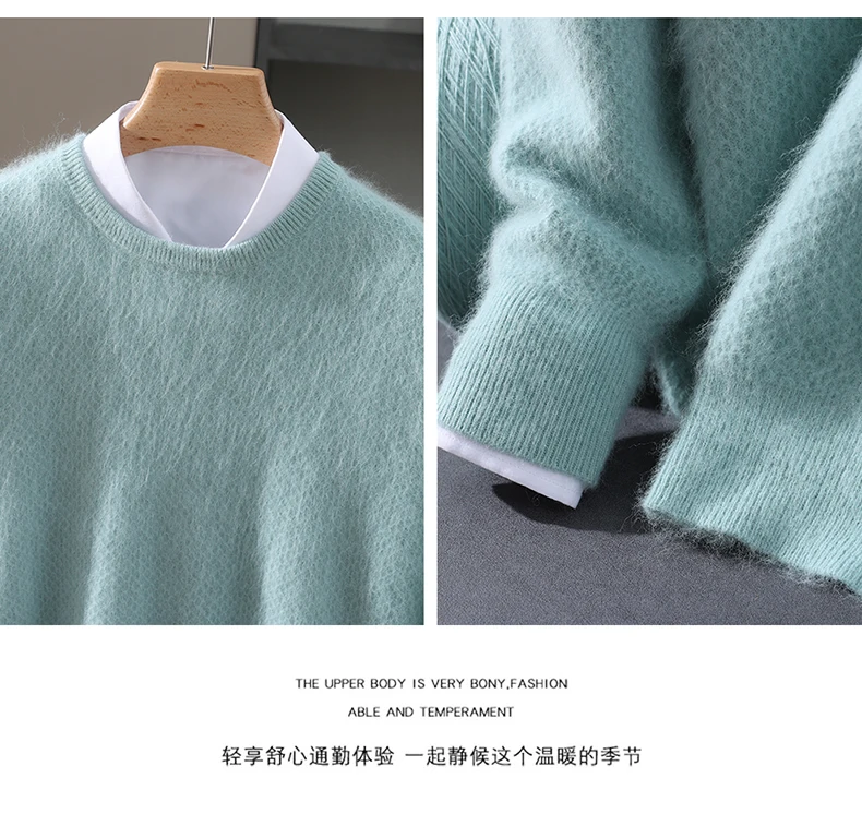 Luxury Men's 100% Mink Cashmere Thickening Sweater O-neck Grid Pullover Thick Knitwear Top Autumn Winter Anti-pilling Clothing