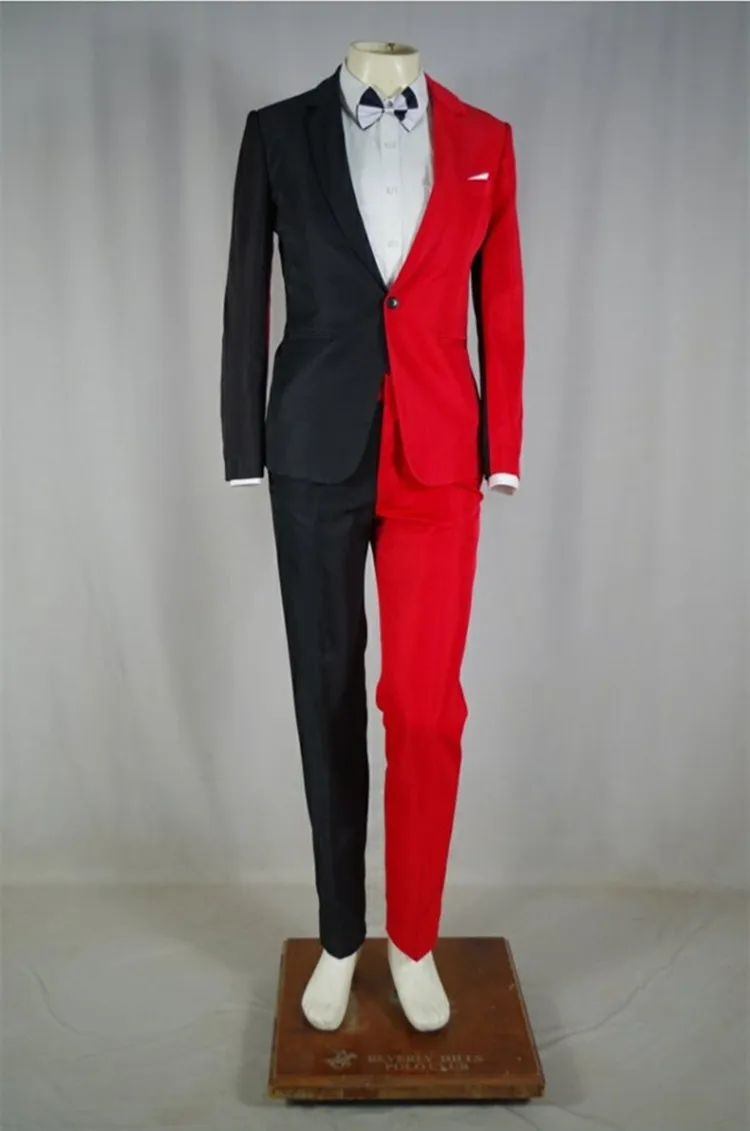 Men's Personality Mixed Color Suit Red Black White Splicing Blazer Pants 2 Piece Set for Stage Singer Chorus Magician Groomsman