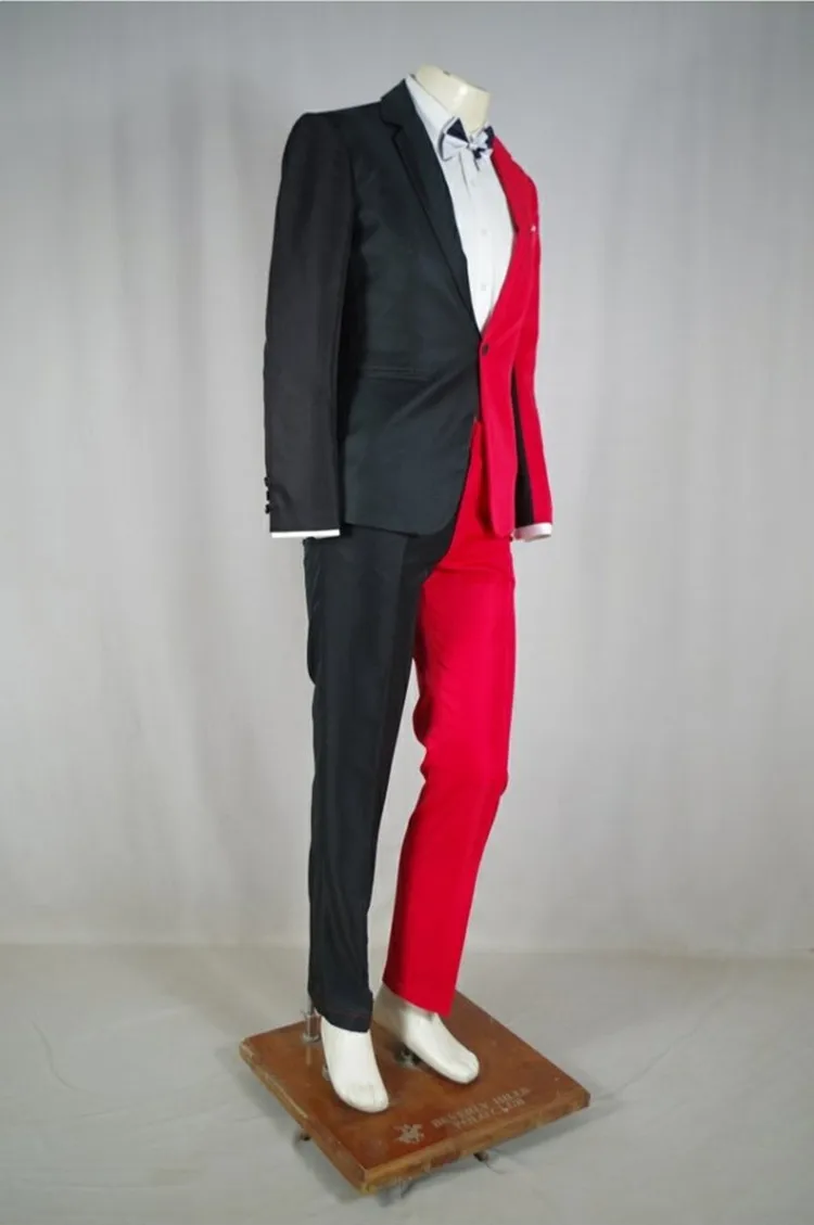 Men's Personality Mixed Color Suit Red Black White Splicing Blazer Pants 2 Piece Set for Stage Singer Chorus Magician Groomsman