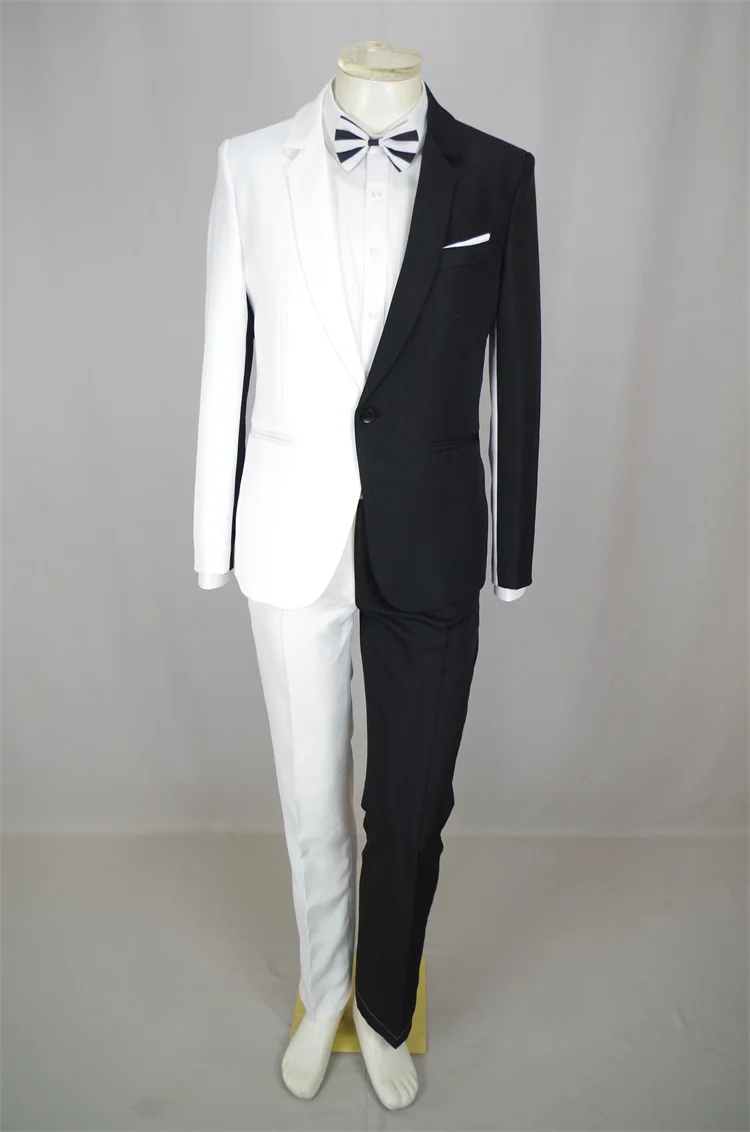 Men's Personality Mixed Color Suit Red Black White Splicing Blazer Pants 2 Piece Set for Stage Singer Chorus Magician Groomsman