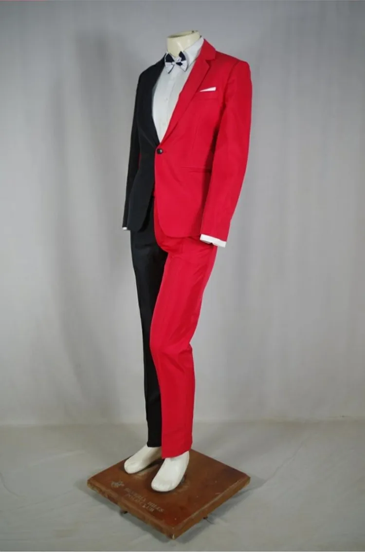 Men's Personality Mixed Color Suit Red Black White Splicing Blazer Pants 2 Piece Set for Stage Singer Chorus Magician Groomsman