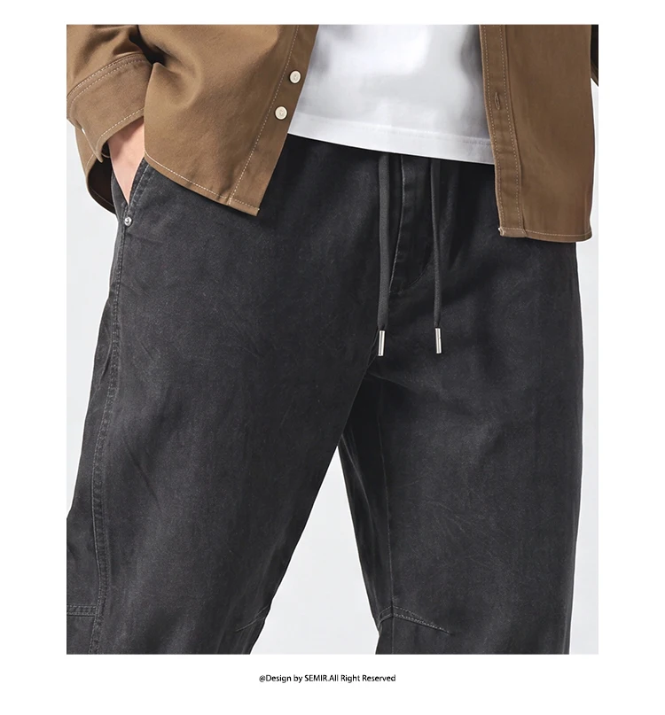 Semir Men Pants Cotton Curved Barrel Leg Drawstring Elastic Waist Loose Casual Style Autumn Trousers Daily Wear 2026