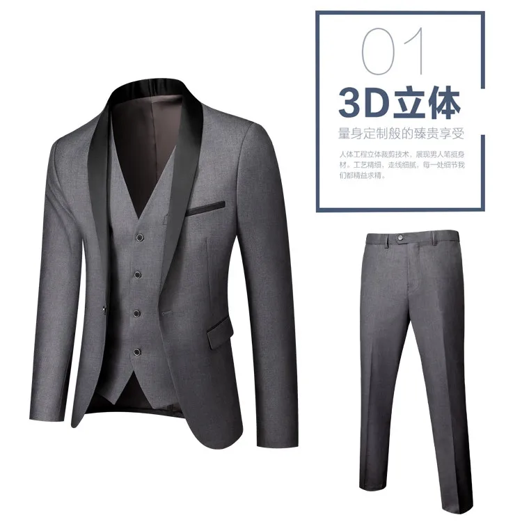 US Size Men Lapel Black Collar 3 Pcs Suit Set Coat Vest Trousers / Business Groom Wedding Dress Fprmal Blazer Pants Waistcoat