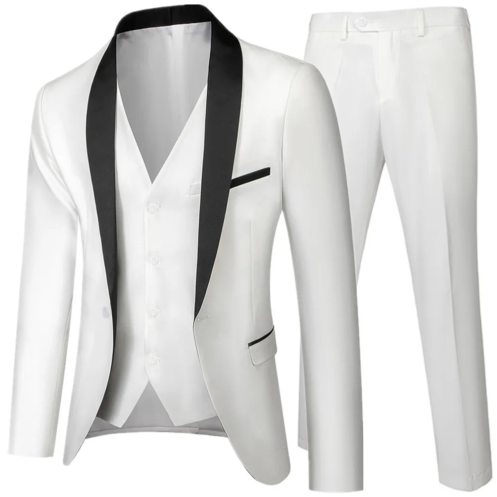 US Size Men Lapel Black Collar 3 Pcs Suit Set Coat Vest Trousers / Business Groom Wedding Dress Fprmal Blazer Pants Waistcoat