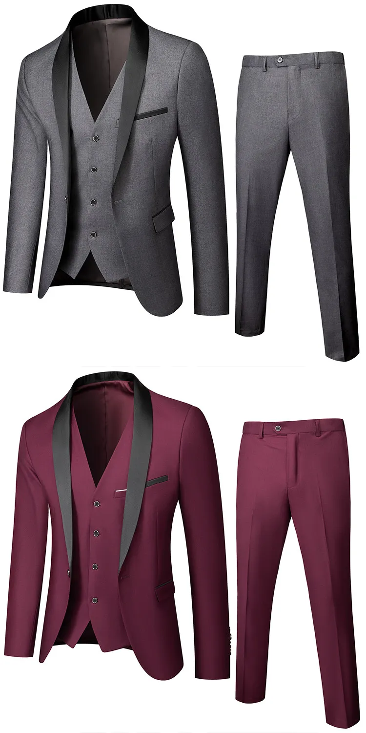 US Size Men Lapel Black Collar 3 Pcs Suit Set Coat Vest Trousers / Business Groom Wedding Dress Fprmal Blazer Pants Waistcoat