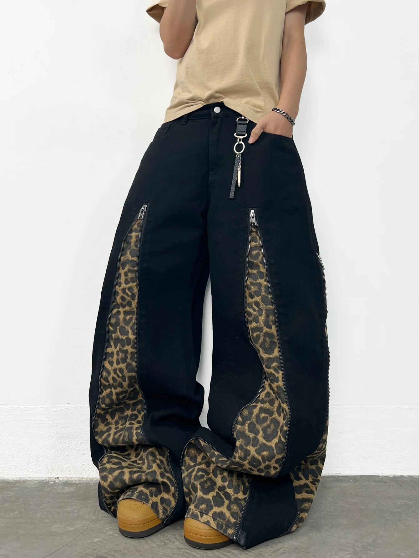 Men's Jeans Versatile Streetwear Wide Pants, Trendy Y2K Leopard Print Patchwork Men's Casual Trousers,Suitable For All Seasons