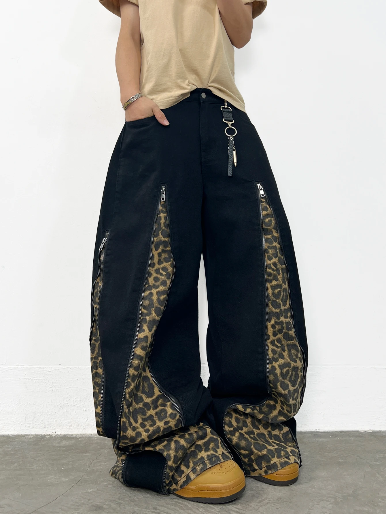 Men's Jeans Versatile Streetwear Wide Pants, Trendy Y2K Leopard Print Patchwork Men's Casual Trousers,Suitable For All Seasons