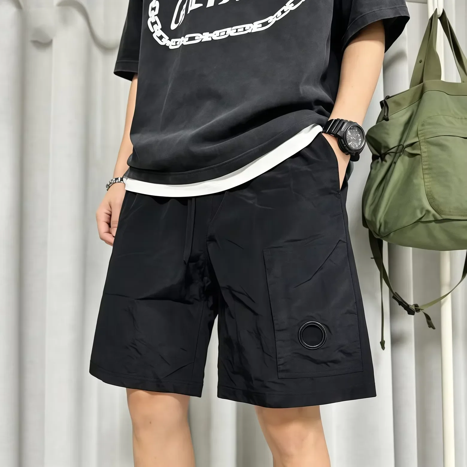 Y2K style men's casual pants, mirror detail drawstring street style, casual summer boyfriend-style short pants
