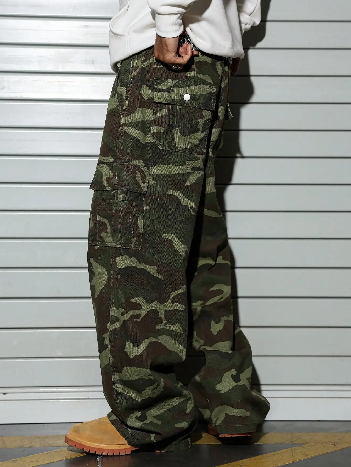 Men's Wide-Leg Camo Cargo Pants, Multi-Pocket Military Tactical Trousers, Streetwear Hip-Hop Loose Casual Work Pants