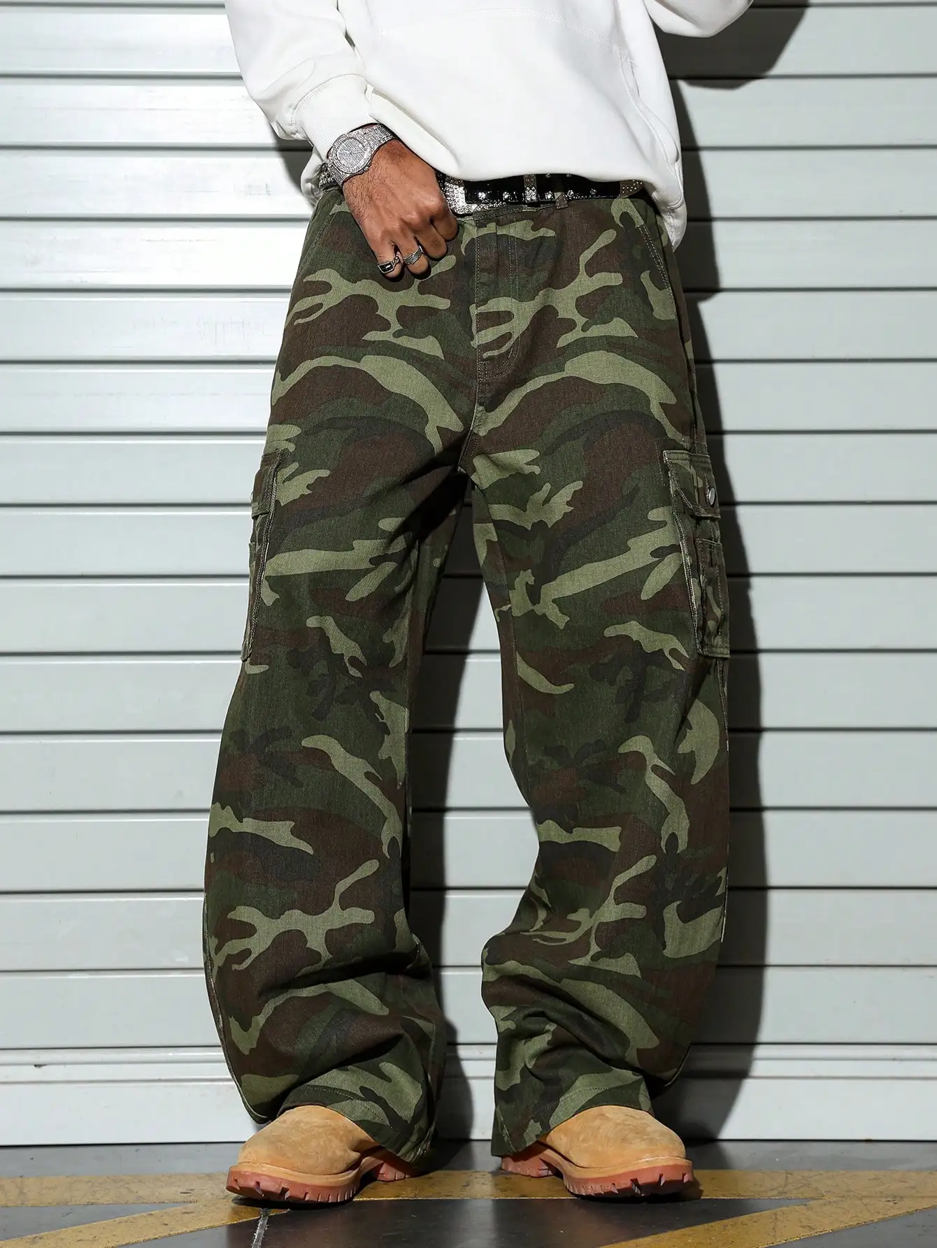 Men's Wide-Leg Camo Cargo Pants, Multi-Pocket Military Tactical Trousers, Streetwear Hip-Hop Loose Casual Work Pants