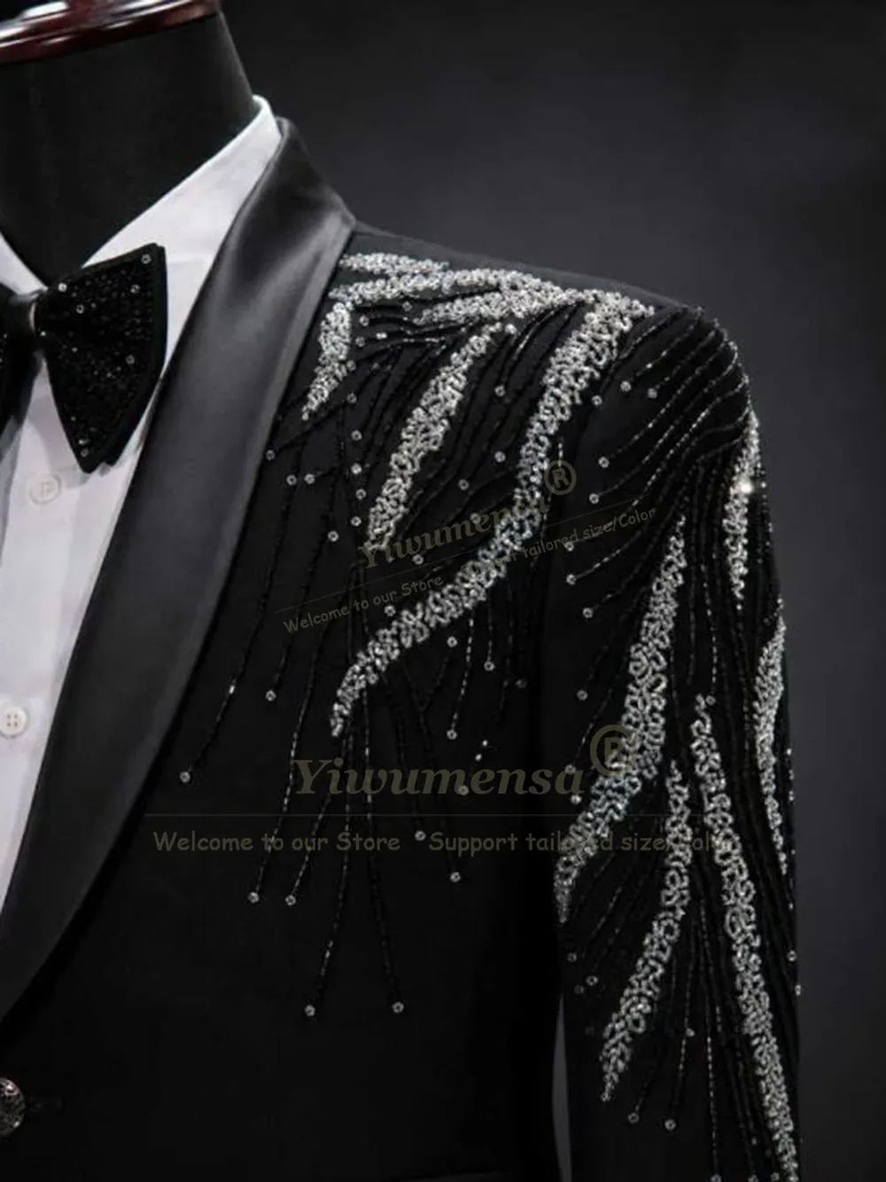 Luxury Men Suit Sets 2 Pieces Shawl Lapel Crystal Blazer Customized Double Breasted Beads Rhinestone Coat Pants Terno Masculinos