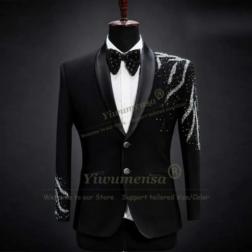 Luxury Men Suit Sets 2 Pieces Shawl Lapel Crystal Blazer Customized Double Breasted Beads Rhinestone Coat Pants Terno Masculinos