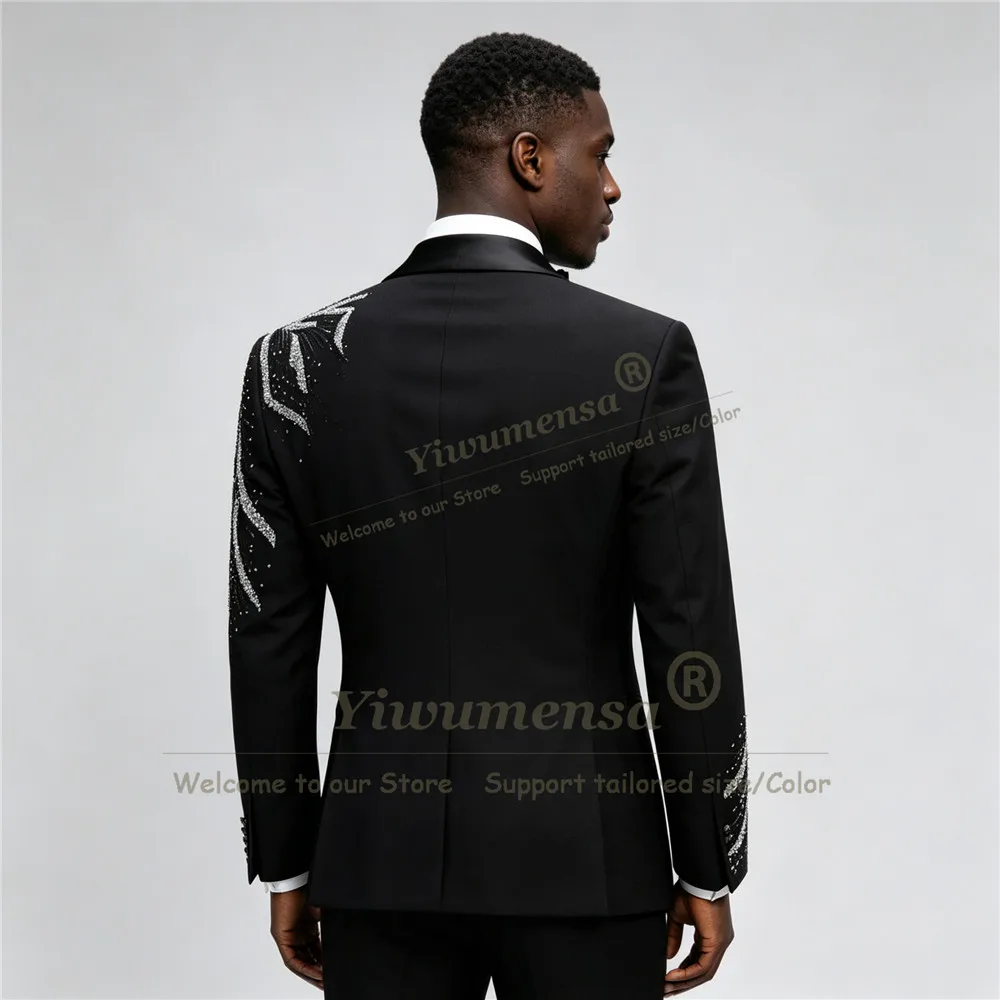 Luxury Men Suit Sets 2 Pieces Shawl Lapel Crystal Blazer Customized Double Breasted Beads Rhinestone Coat Pants Terno Masculinos