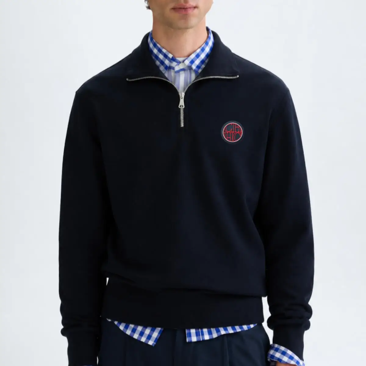 CH Mens Timeless Round Patch Badge Chest Accent Quarter Zip Collared Sweatshirt Four Season Multi Occasion Top