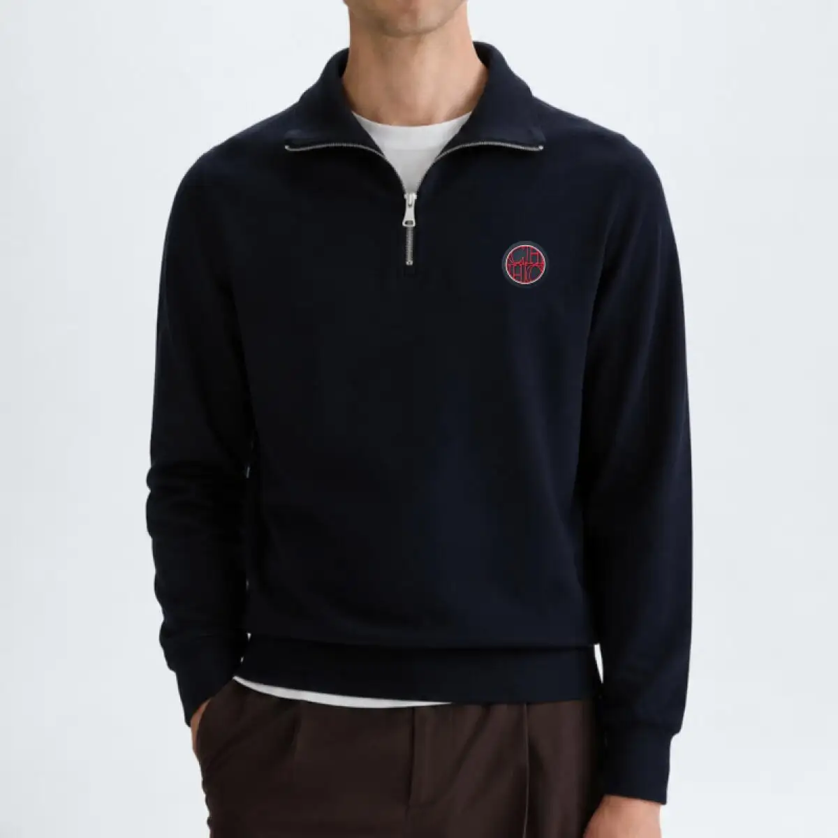 CH Mens Timeless Round Patch Badge Chest Accent Quarter Zip Collared Sweatshirt Four Season Multi Occasion Top