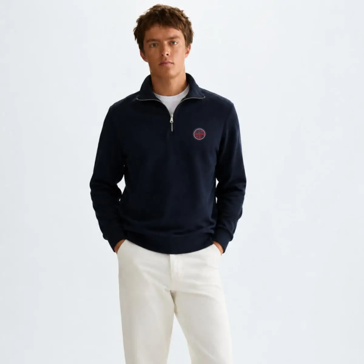 CH Mens Timeless Round Patch Badge Chest Accent Quarter Zip Collared Sweatshirt Four Season Multi Occasion Top