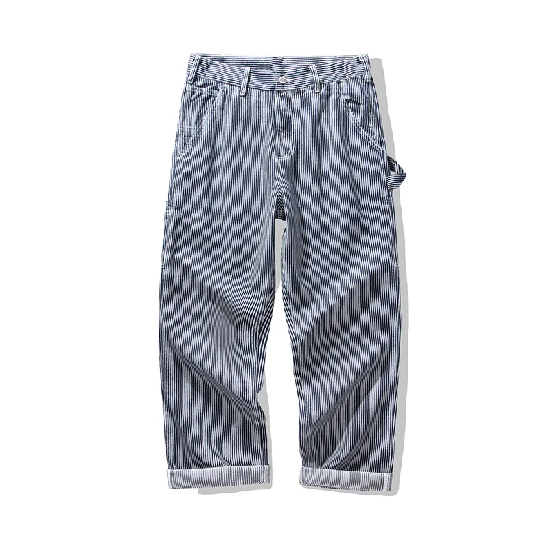 3903 Good Quality Striped Jeans For Man Multi Pockets Cargo Style Straight Casual Loose Trendy Streetwear Boyfriend Denim Pants