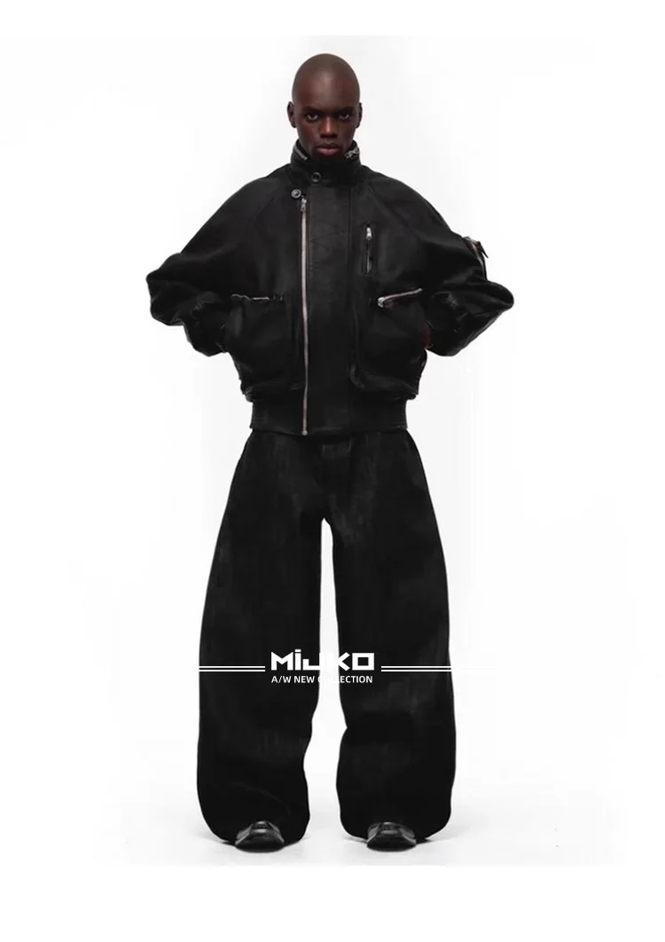 MIJKO Black Blue Mens Baggy Jeans Straight Solid Color Cleanfit Loose Casual Denim Trousers Unisex Cargo Pants ZJ090