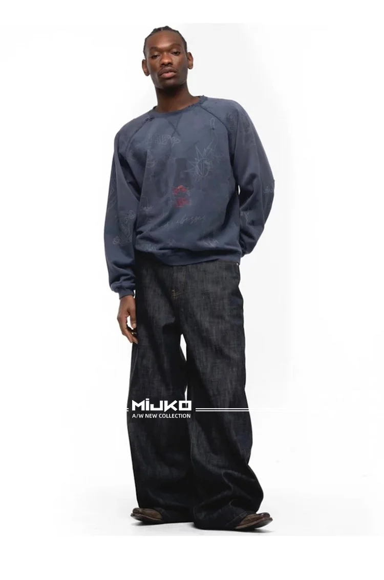 MIJKO Black Blue Mens Baggy Jeans Straight Solid Color Cleanfit Loose Casual Denim Trousers Unisex Cargo Pants ZJ090