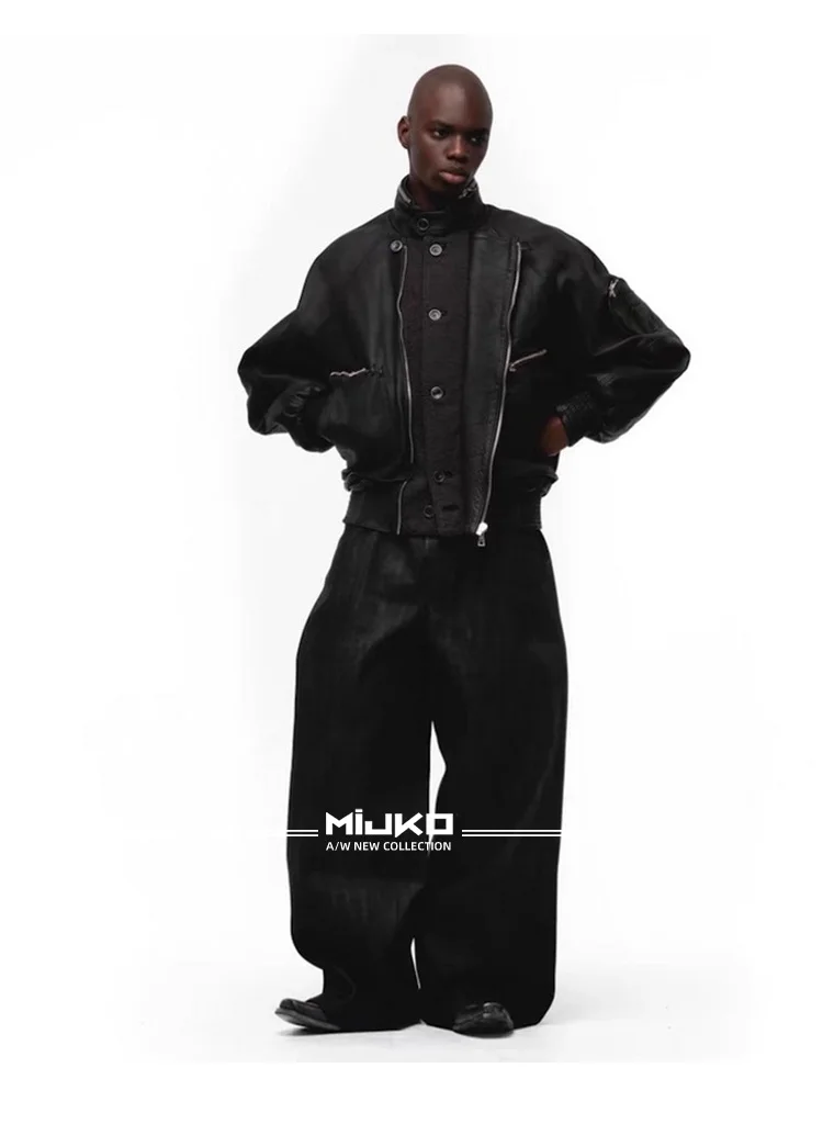 MIJKO Black Blue Mens Baggy Jeans Straight Solid Color Cleanfit Loose Casual Denim Trousers Unisex Cargo Pants ZJ090