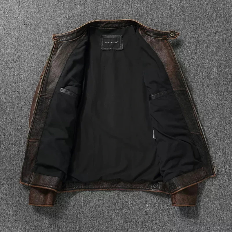 Vintage Black Brown Real Cowhide Genuine Leather Jacket Real Fur Men's Leather Jacket Men Leather Jacket Motorcycle Coat