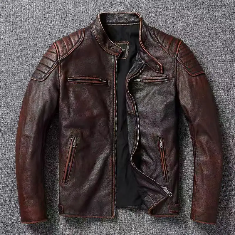 Vintage Black Brown Real Cowhide Genuine Leather Jacket Real Fur Men's Leather Jacket Men Leather Jacket Motorcycle Coat