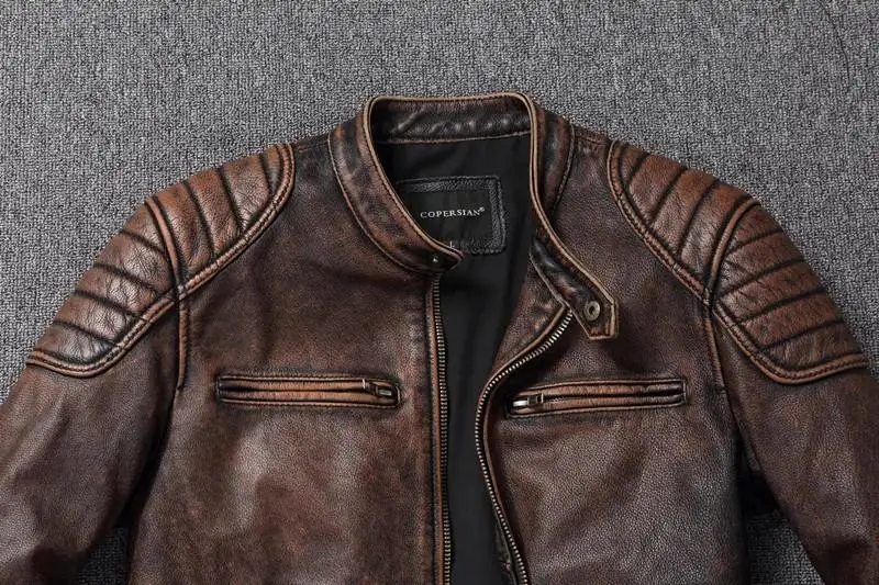 Vintage Black Brown Real Cowhide Genuine Leather Jacket Real Fur Men's Leather Jacket Men Leather Jacket Motorcycle Coat
