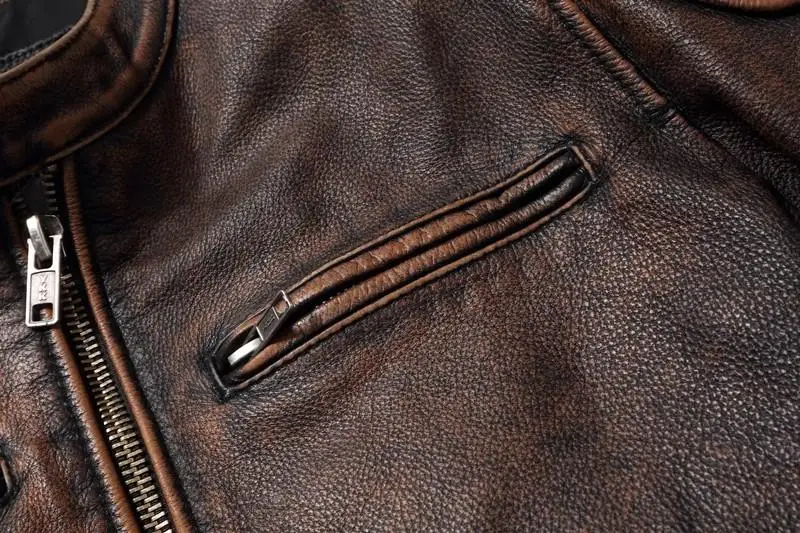 Vintage Black Brown Real Cowhide Genuine Leather Jacket Real Fur Men's Leather Jacket Men Leather Jacket Motorcycle Coat