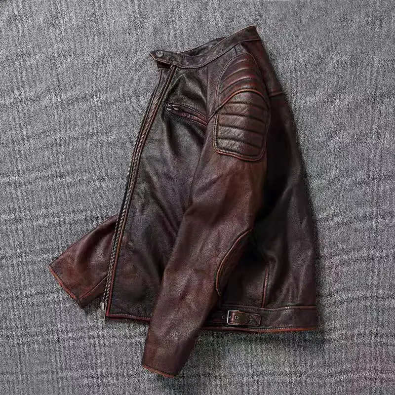 Vintage Black Brown Real Cowhide Genuine Leather Jacket Real Fur Men's Leather Jacket Men Leather Jacket Motorcycle Coat