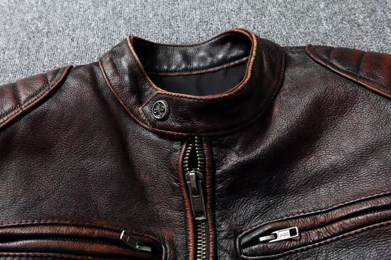 Vintage Black Brown Real Cowhide Genuine Leather Jacket Real Fur Men's Leather Jacket Men Leather Jacket Motorcycle Coat