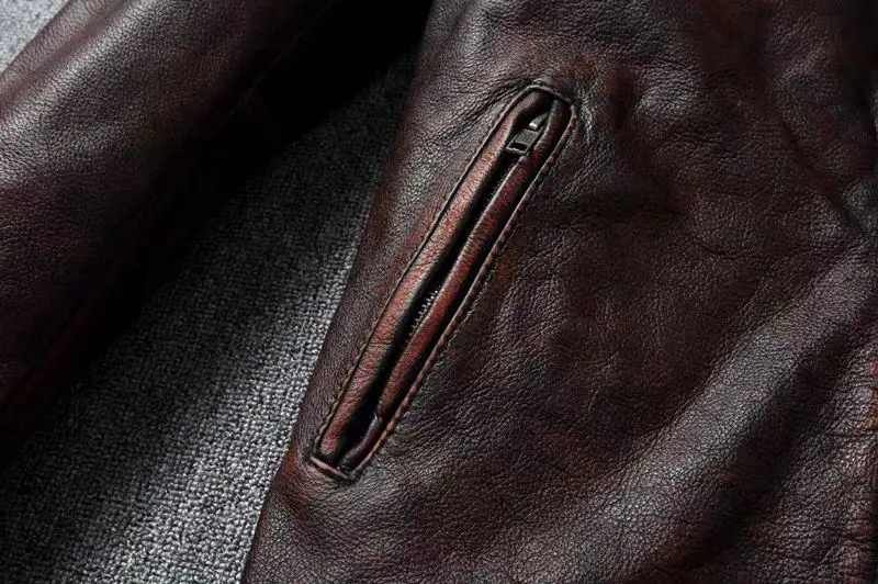 Vintage Black Brown Real Cowhide Genuine Leather Jacket Real Fur Men's Leather Jacket Men Leather Jacket Motorcycle Coat