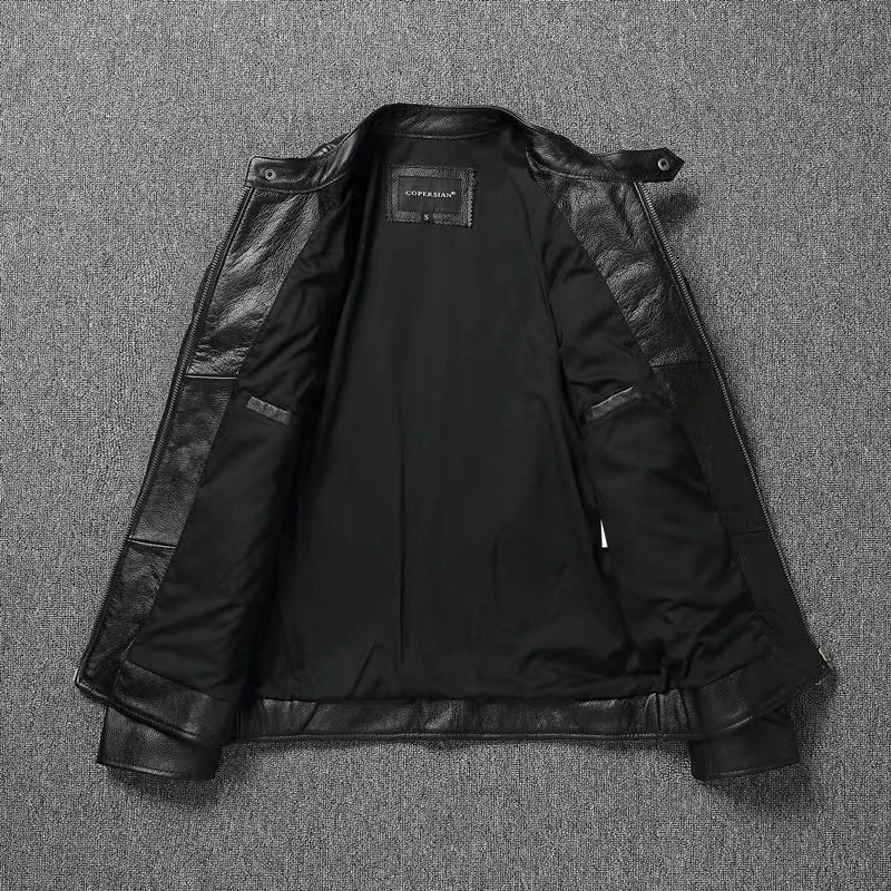 Vintage Black Brown Real Cowhide Genuine Leather Jacket Real Fur Men's Leather Jacket Men Leather Jacket Motorcycle Coat