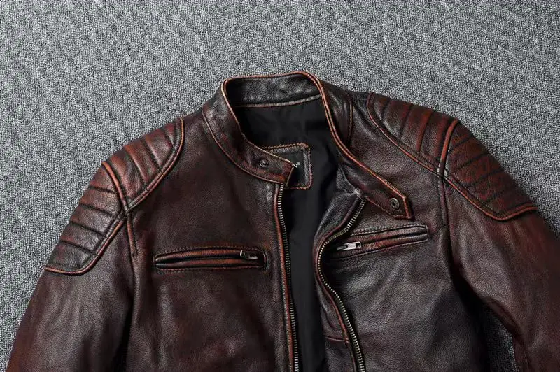 Vintage Black Brown Real Cowhide Genuine Leather Jacket Real Fur Men's Leather Jacket Men Leather Jacket Motorcycle Coat